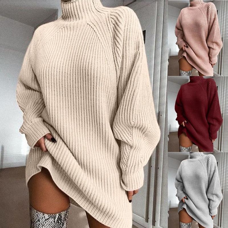 New Autumn And Winter Women's Sweaters Mid-length Raglan Sleeves Half Turtleneck Women's Sweater Dress