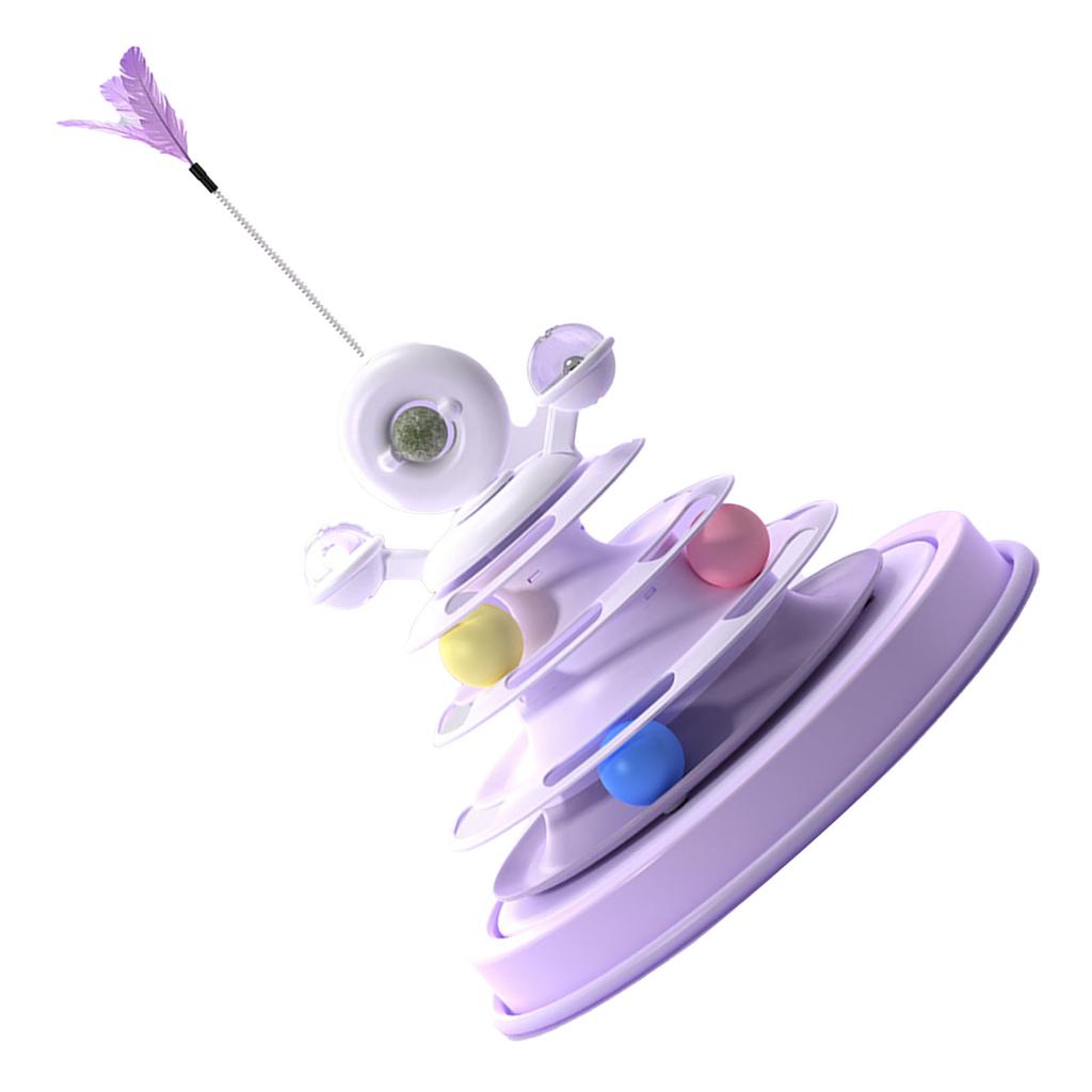Cat Ball Tower Toy with Feather Catnip 4 Layer Rail Pet Turntable Game for Exercise Purple