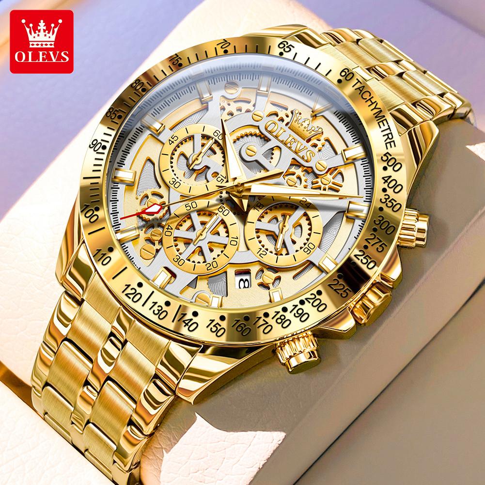 OLEVS Watches Mens 9913 Gold Skeleton Quartz Watch Waterproof Luminous Calendar Watches For Men Gifts Original Business Reloj