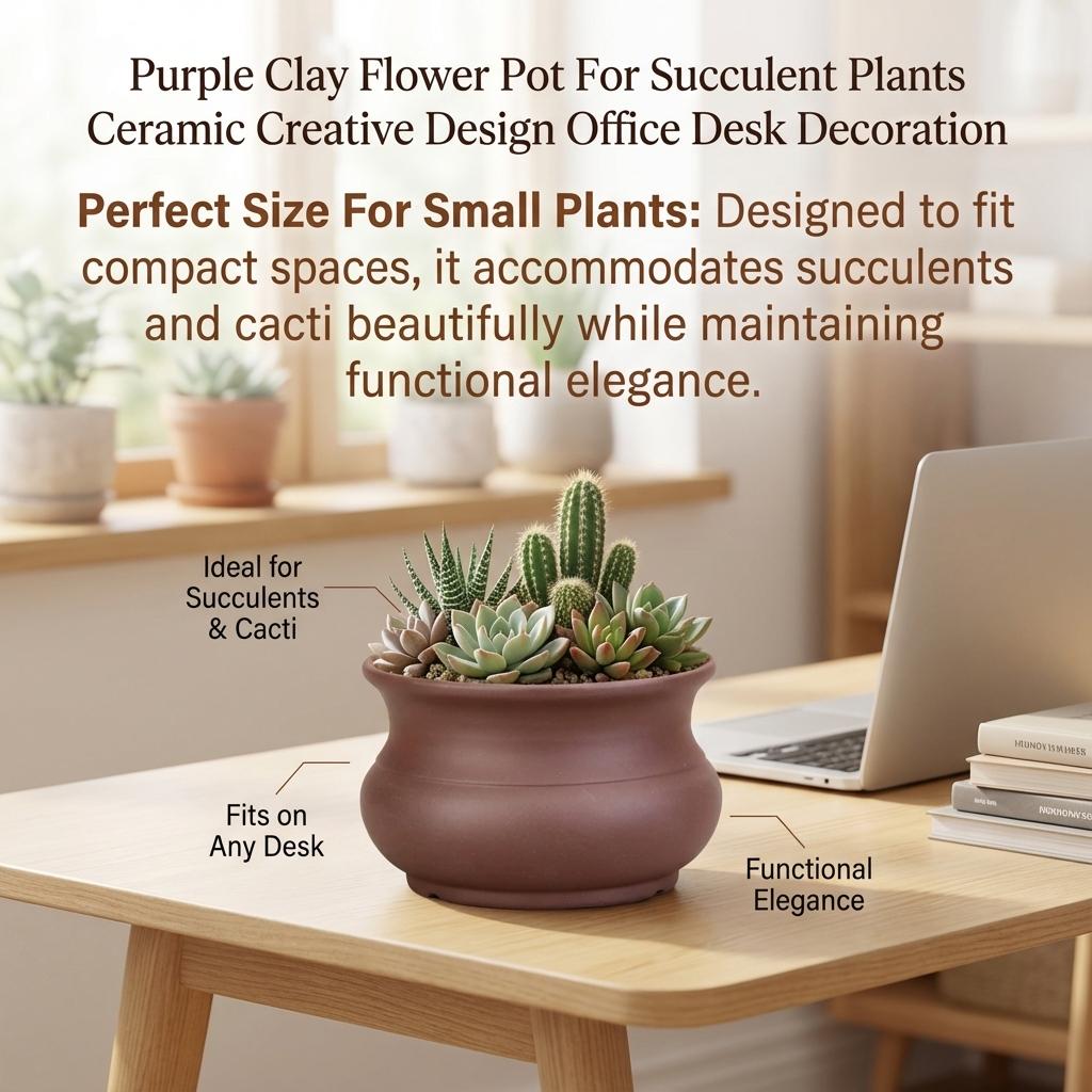 Purple-Clay Flower Pot For Succulent Plants Ceramic Design Office Desk Decoration