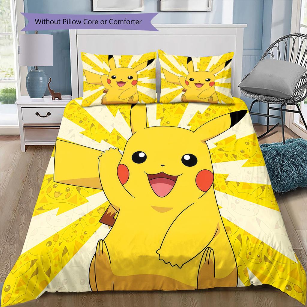 Happy Pikachu Bedding Set, 1 Duvet Cover & 2 Pillowcases, Home Bedroom, Perfect Gift for Pokémon Fans