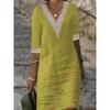 Women's Solid Color V-neck Mid Sleeve Cotton Linen Casual Dress