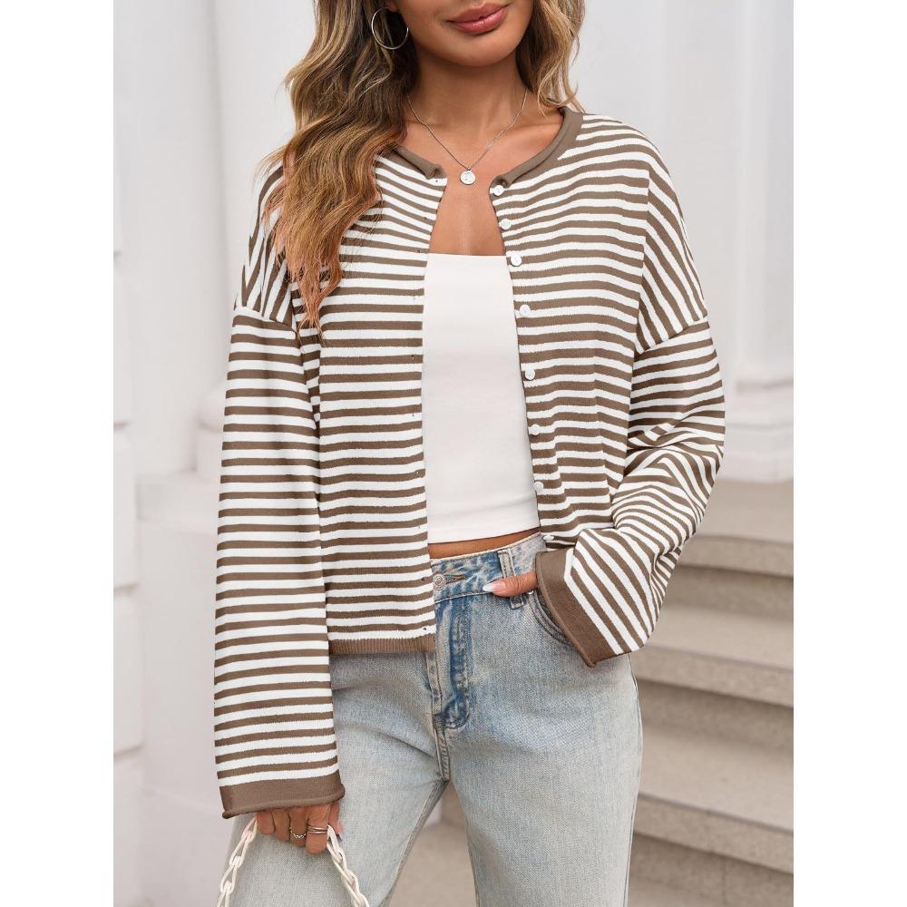 Autumn and Winter Long Sleeved Casual Cardigan Striped Contrasting Sweaters