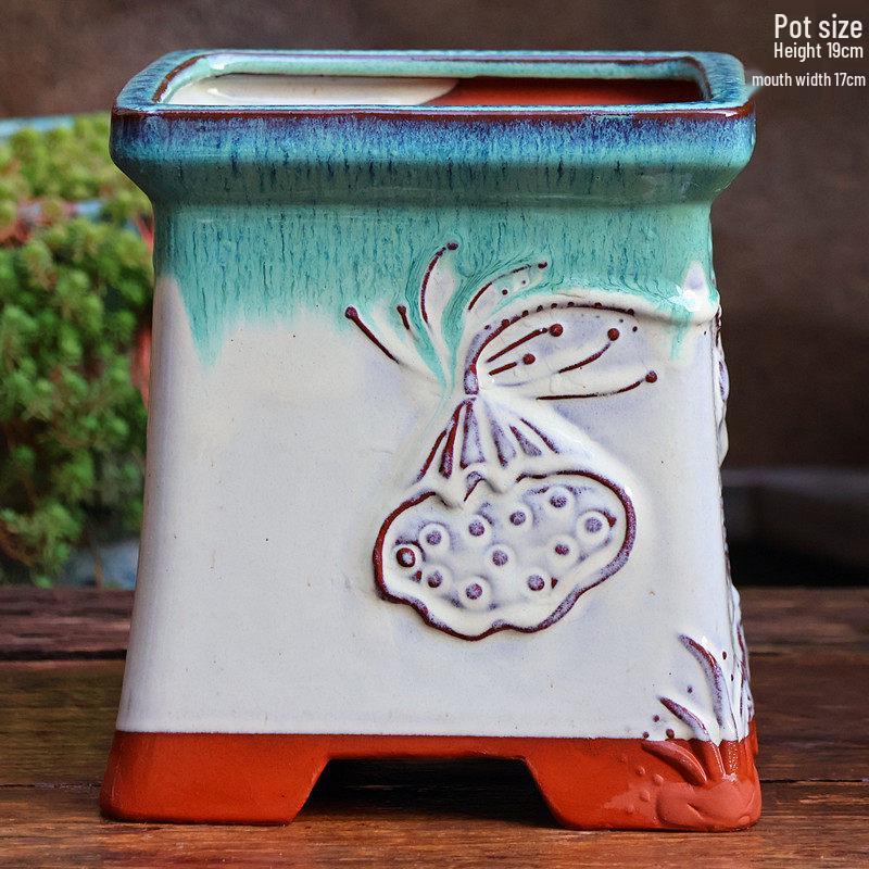 Yixing Handmade Square Mouth Coarse Pottery Planter - Large Succulent Flower Pot with Old Branch Design and Jade Pendant.