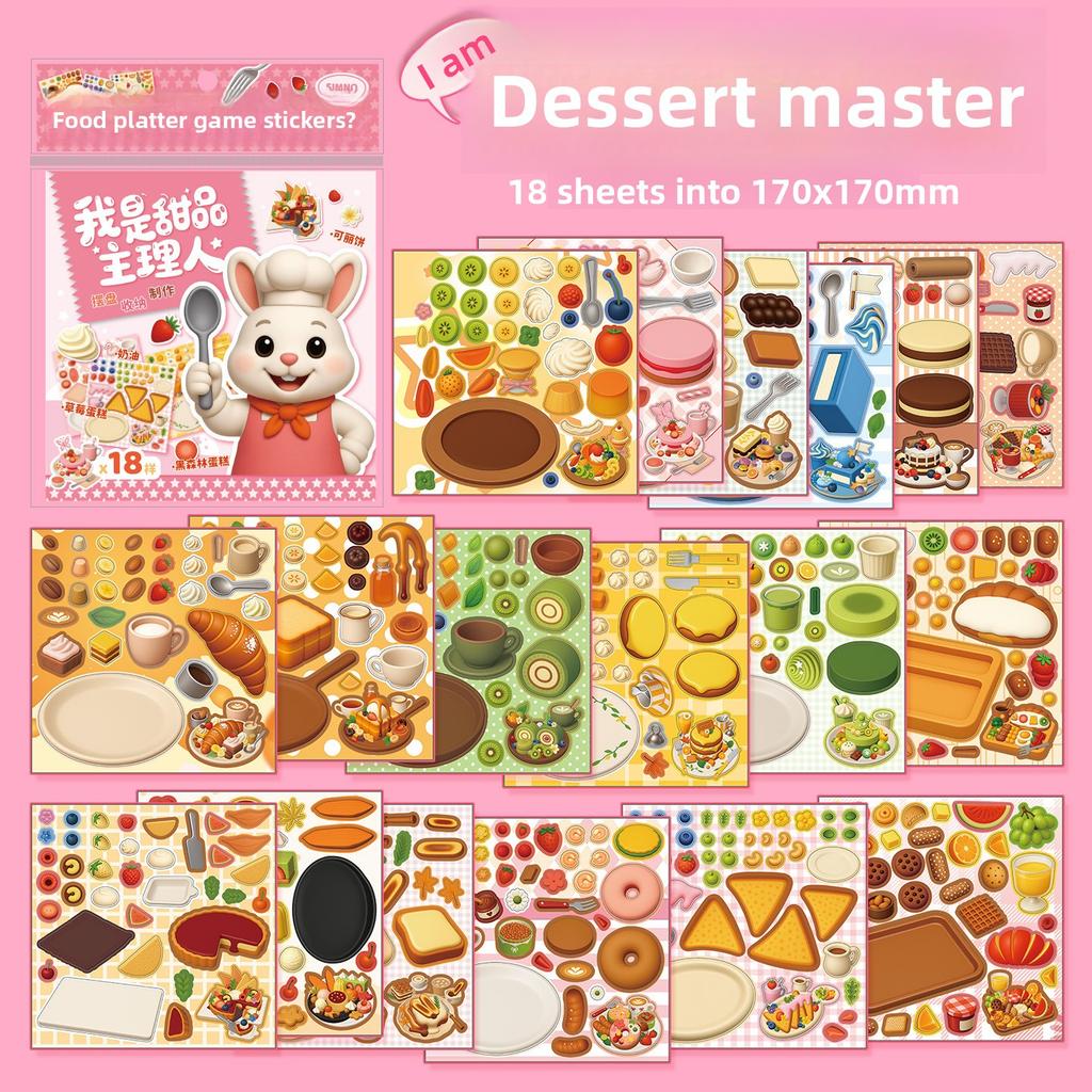 18 Sheets/Pack Food Platter Game Stickers Creative Fun DIY Food Platter Stress-Relieving Edible Play Sticker Book