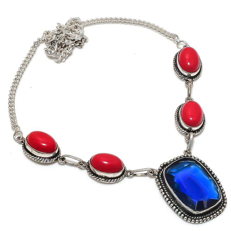 Iolite Quartz, Coral Gemstone 925 Sterling Silver Jewelry Necklace 18"