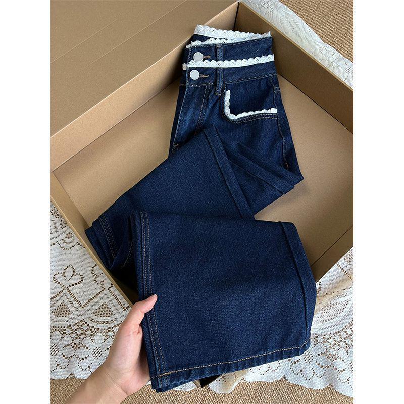 Темно-синие женские джинсы с кружевной талией - Ретро зауженный крой, свободные прямые брюки для осени