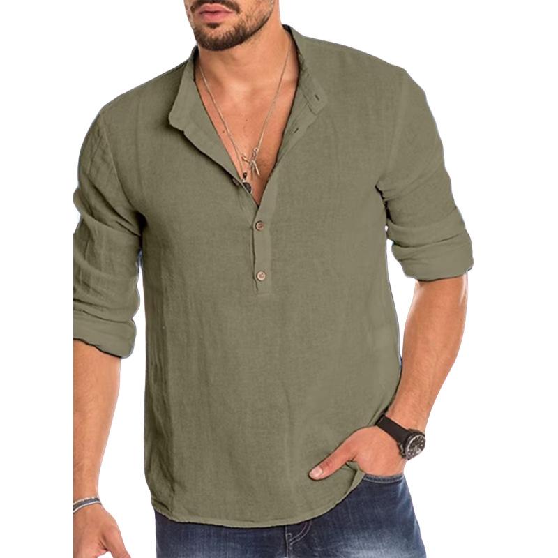 Spring Summer Men's Shirts Long Sleeve Loose Solid Color Cotton Linen Shirt Oversized Pull-up Sleeve Tops