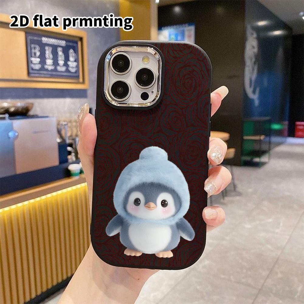 Phone case: 2D flat design suitable for iPhone 18 17 16 15 14 13 Pro protective case, couple style, plush little penguin, Christmas and Halloween gift