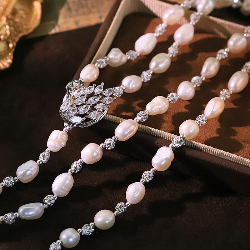 Natural Freshwater Pearl Swan Zircon Sweater Chain Handmade Design High-Quality Necklace Gift for Women Jewelry GN0819