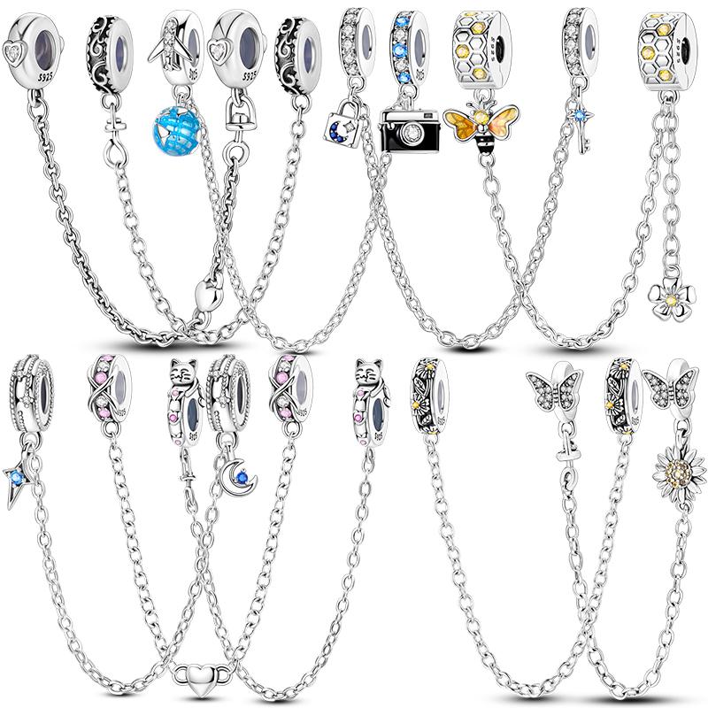 925 Silver Safety Chain Aircraft Earth Camera Daisy Silicone Charms Beads Fit Bracelets DIY Jewelry For Women