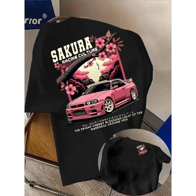 Мужская футболка с графическим принтом Sakura Racing Culture - Ретро уличный стиль, Мягкая и дышащая, Яркий дизайн принта, Круглый вырез, Короткий рукав, Летняя рубашка