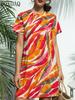 2026 Women's Round Neck Short Sleeved Loose Striped Abstract Printed Fashionable A-line Dress Suitable for Shopping and Dating