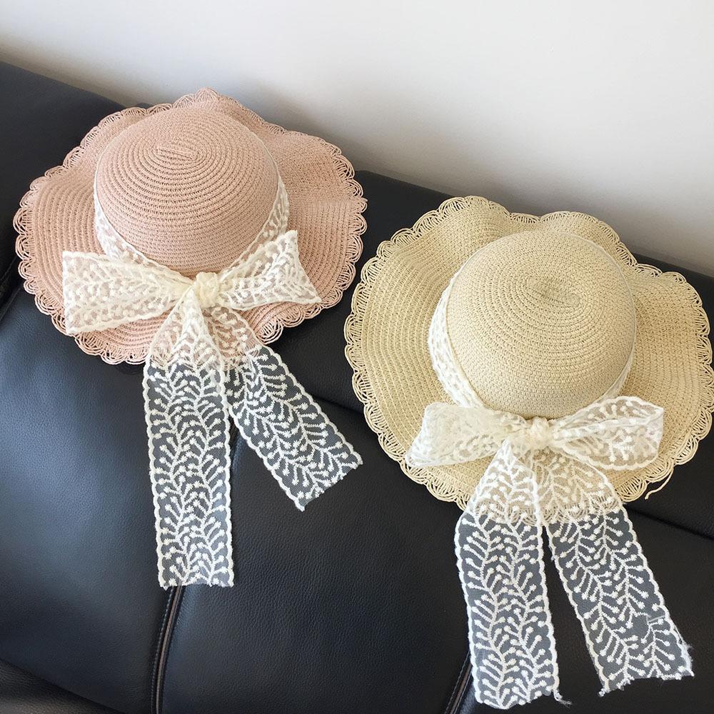 Spring Summer Parent Child Straw Sun Hat Wide Brim Wavy Edge Bowknot Breathable UV Protection Outdoor Beach Cap