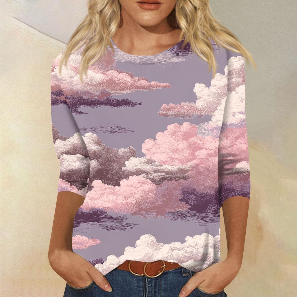 Женская модная повседневная футболка с круглым вырезом, рукавом три четверти и градиентным принтом