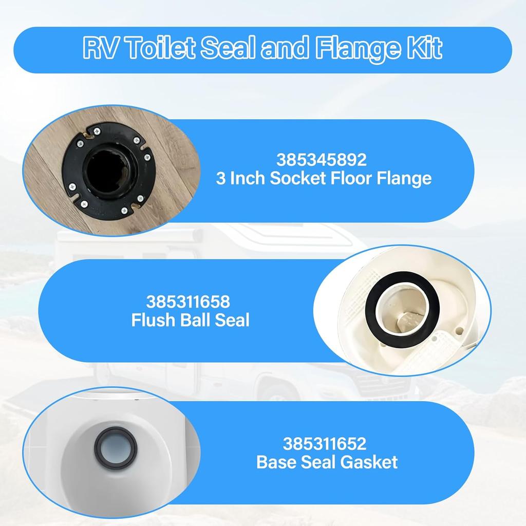 RV Toilet Seal And 3" Socket Floor Flange Kit For Dometic 300 310 320 RV Toilets, Replacement Parts Kit 385345892 Flange, 385311658 Flush Ball Seal
