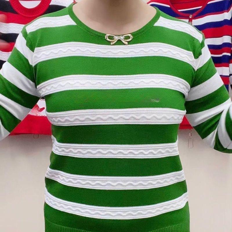 Striped Bottoming Knitted Horizontal Shirt Womens Middleaged Plus Size Stretch Thin Sweater Fashion Tshirt