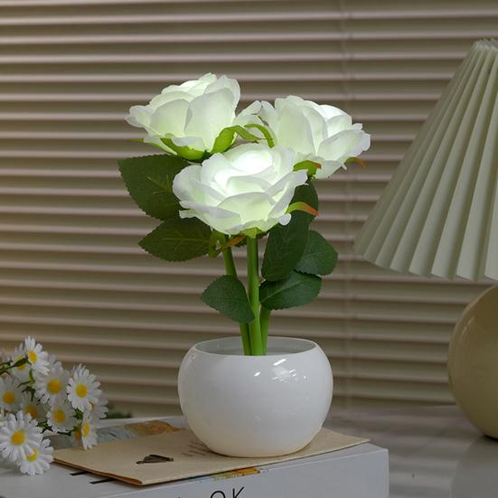 Роза Ночник Искусственный цветок Светодиодная прикроватная лампа Настольная лампа Искусственная роза с керамической вазой Романтичный