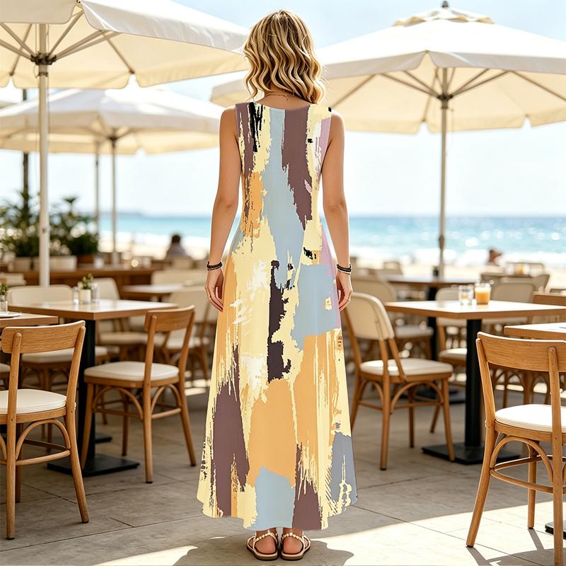 Sleeveless Abstract Art Maxi Dress Loose Fit,Lightweight Fabric,Versatile for Daily Commute,Home Leisure & Travel Photos