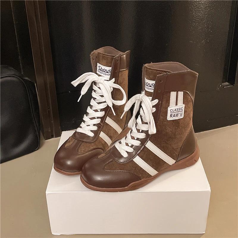 Fashion Retro Brown Suede Thick Bottom Ankle Boots Women 2025 Winter Comfort Non Slip Lace Up Flats Sneakers Woman's Y2K Casual Shoes