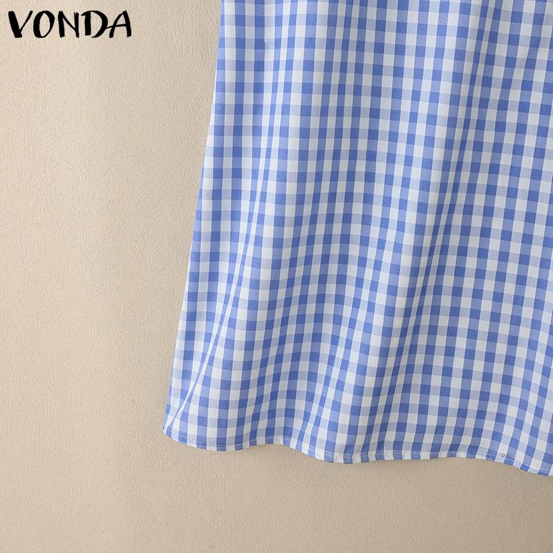 VONDA Summer Women Lapel Neck Sleeveless Plaid Print Casual Loose Dress Sundress