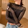 [Weuiean] ladies See-through high neck pullover tops long sleeve cut and sew tulle stretch Transparency SCWS-55 (black, M)