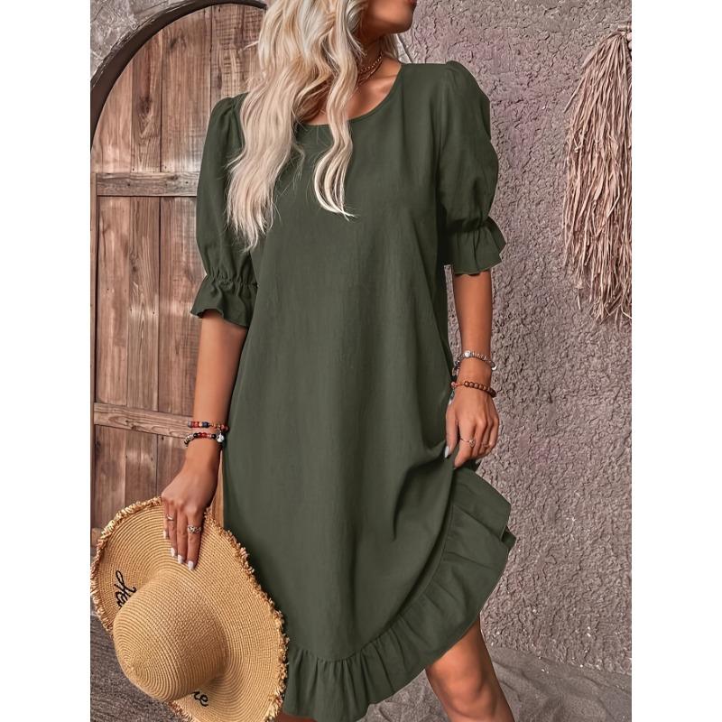Solid Color Half Sleeve Dress, Casual Crew Neck Dress For Spring, Women's Clothing