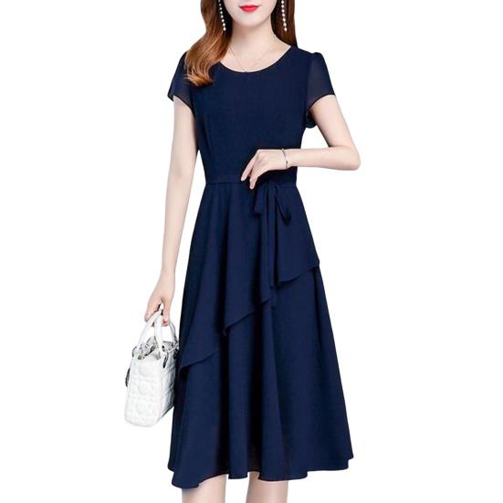 Женское платье миди с круглым вырезом и коротким рукавом, элегантное платье с многослойным подолом и шнуровкой, платье миди трапециевидной формы, уличная одежда