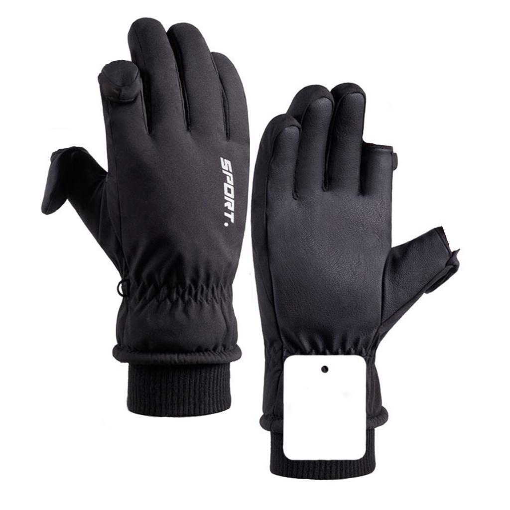 Men's Ski Gloves Cold- Plus Velvet Thickened Two-finger Outdoor Cycling Warm Winter Cycling Gloves