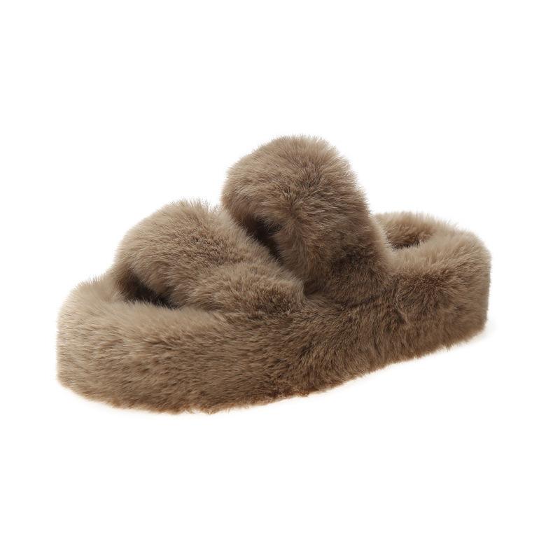 Thick Bottom Fluffy Women's Slippers Spring Autumn and Winter Large Size One Word Warm Indoor Fashion Versatile Flat Bottom Thickened Foreign Trade