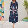 Women Plus Size V Neck Long Sleeve Printed Pockets A Line White Midi Dress