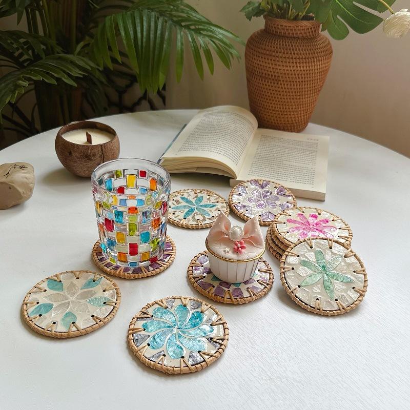 Handmade Seashell Art Coaster Seashell Coaster Handcrafted Seashell Flower Pattern Table Coasters Artistic for Home for Tables