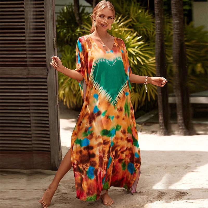 EDOLYNSA Кафтан платья накидка для купальников женщин плюс размер кафтан с цветочным принтом курортное платье большого размера домашняя одежда летняя одежда Q1342