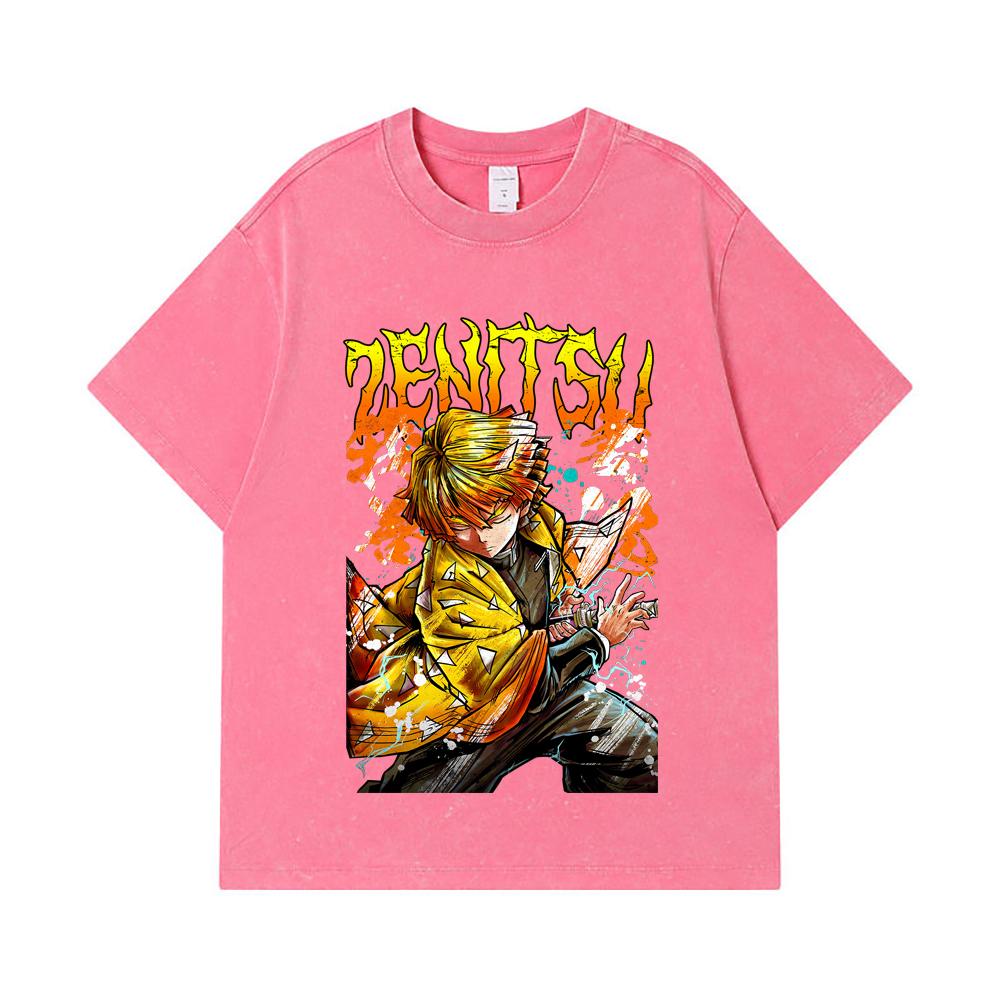 275 GSM Washed T-shirts 100% Cotton Demon Slayer V87 Zenitsu Print Unisex Heavy Cotton T Shirt