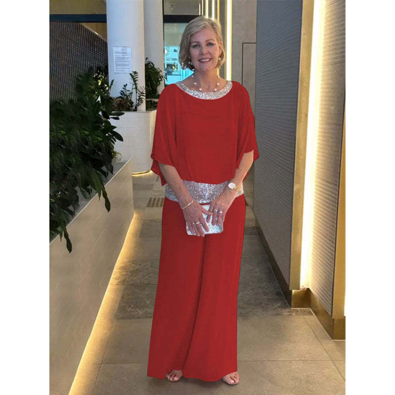 Женский комплект с круглым вырезом, расшитой пайетками, рубашка в стиле летучая мышь, широкие брюки в стиле колор-блок