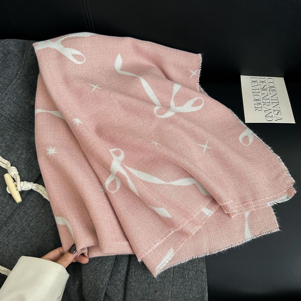 Autumn and Winter Sweet Fashion Imitation Cashmere Bow Printed Scarf Fashion Designer Temperament Warm Scarf
