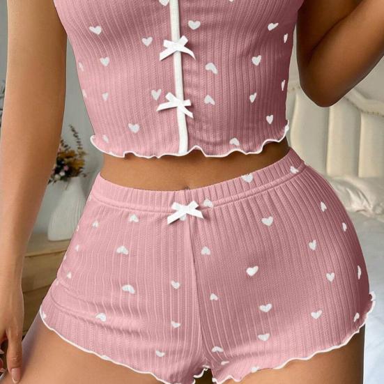 2Pcs/Set Lady Homewear Top Shorts Suit Heart Print Bow Decor Sleeveless Backless Vest Elastic High Waist Short Pants Camis