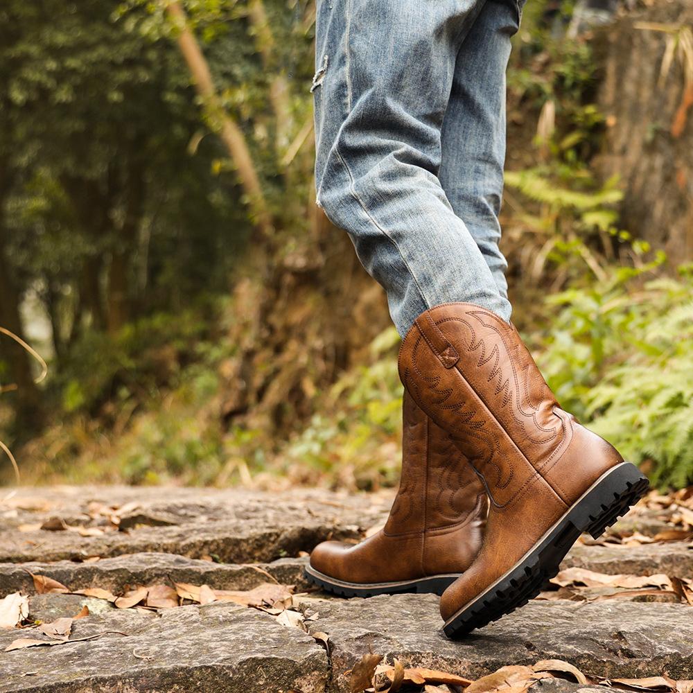 Мужские ковбойские сапоги для мужчин, мотоциклетные ботинки в стиле рыцаря, мужская обувь, винтажные ботинки для рукоделия с большим деревом и вышивкой в ​​западном стиле