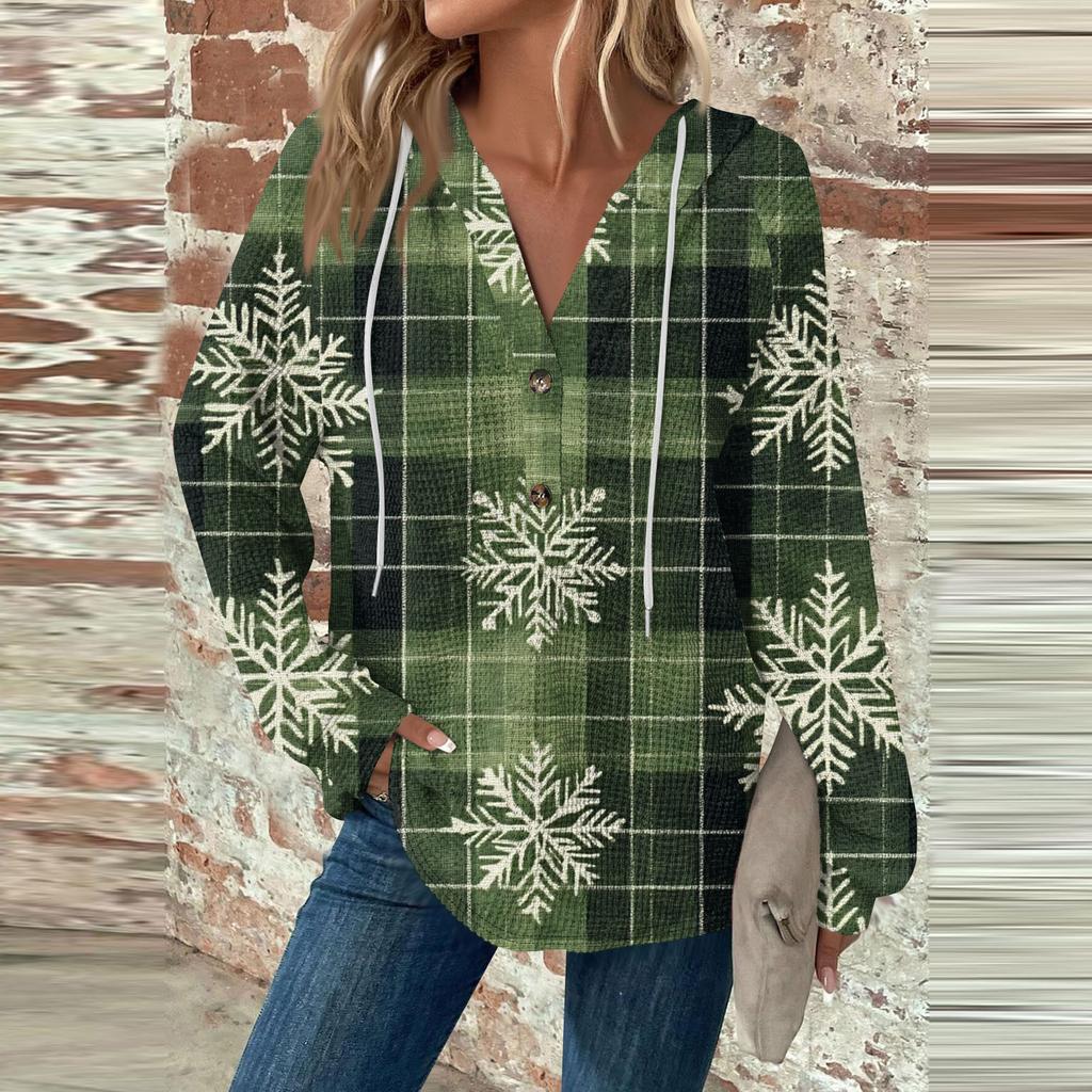 Женская мода с длинным рукавом, завязками на шнурке, капюшоном, пуговицами, V-образным вырезом, повседневная толстовка с капюшоном и рождественским принтом