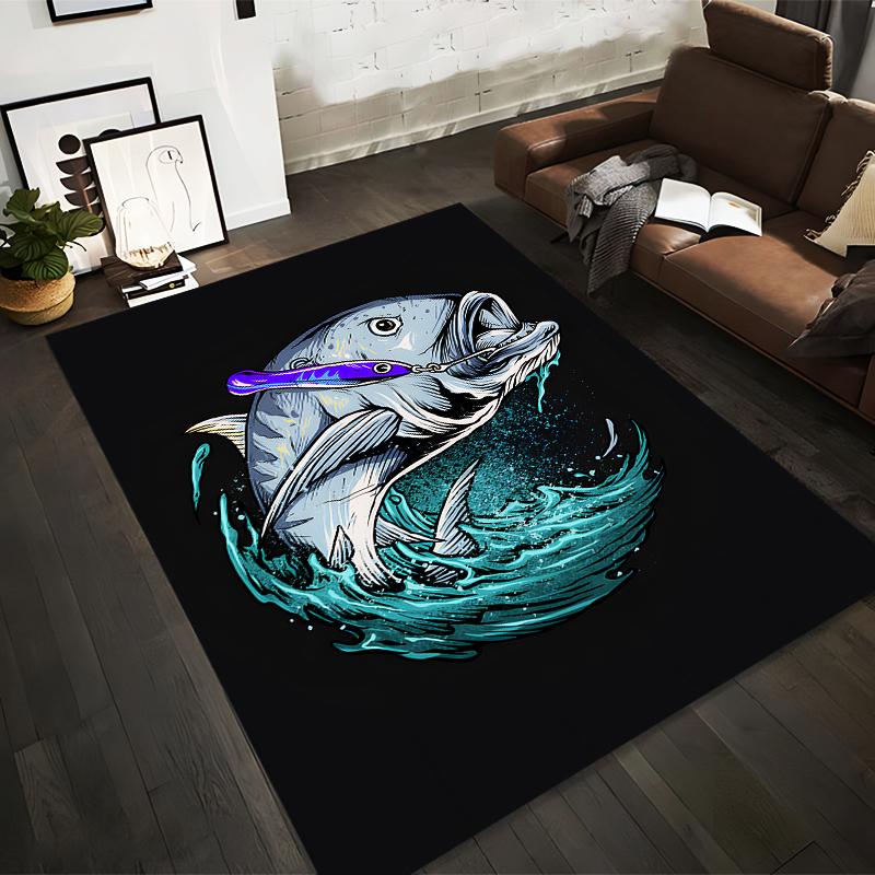 Jumping fish with lure and splashing waves Non-slip rug suitable for living room and bedroom sofas