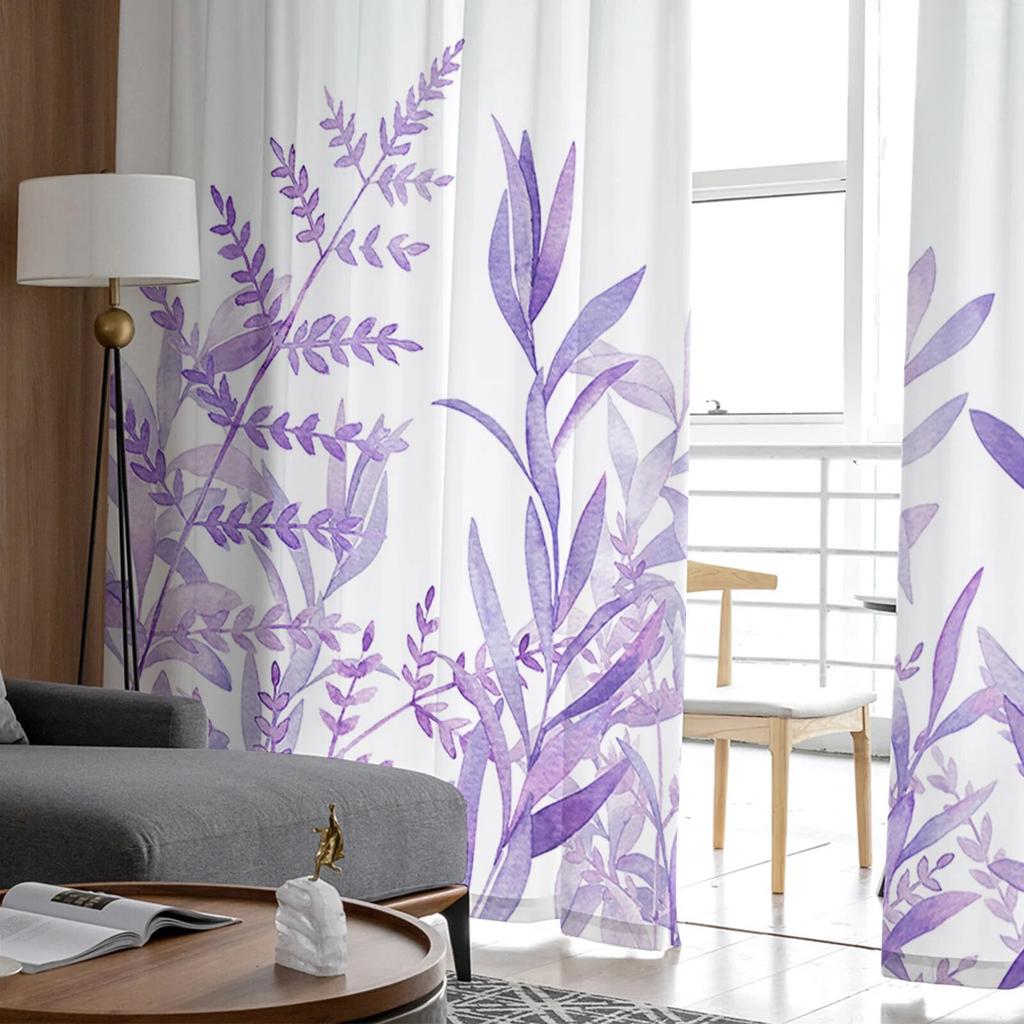 Акварельные фиолетовые домашние тюлевые шторы с растениями для спальни, гостиной, прозрачные шторы с принтом для балкона, летний домашний декор