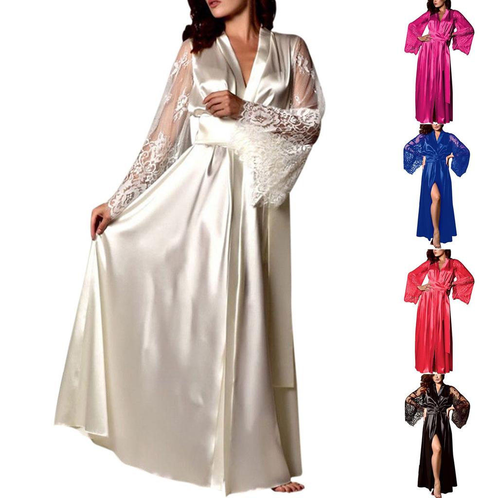 Women Satin Long Nightdress Silk Lace Lingerie Nightgown Sleepwear Sexy Robe