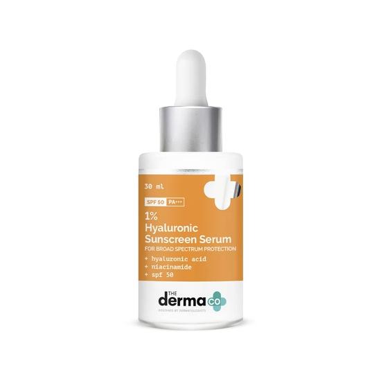Солнцезащитный крем Derma Co 1% гиалуроновой кислоты для всех типов кожи, сыворотка с SPF 50 и ниацинамидом для широкого спектра защиты - 30 мл, упаковка из 1 шт.