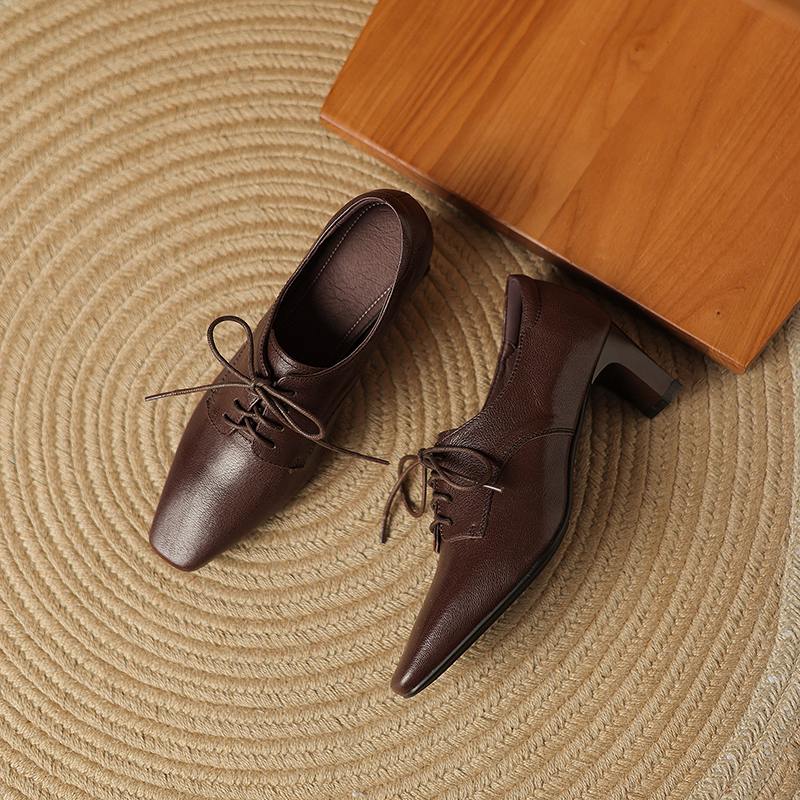 Krazing Pot Sheepskin Spring Summer Size 43 Size 42 Size 41 Chunky Heels Women Square Toe Office Lady Lace Up Pumps