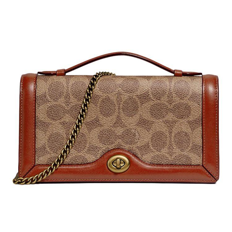 Coach Riley 20 Monogram Chain Flap Leather Mini Square Bag Women bags Red Brown Beige 68312-B4NQ4