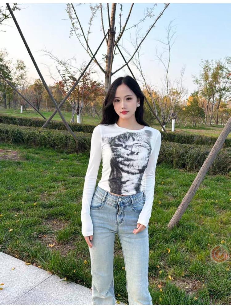 Укороченный топ с принтом «Мозаика кота» в стиле Харадзюку, повседневные базовые футболки с длинным рукавом, облегающие футболки с круглым вырезом Y2K