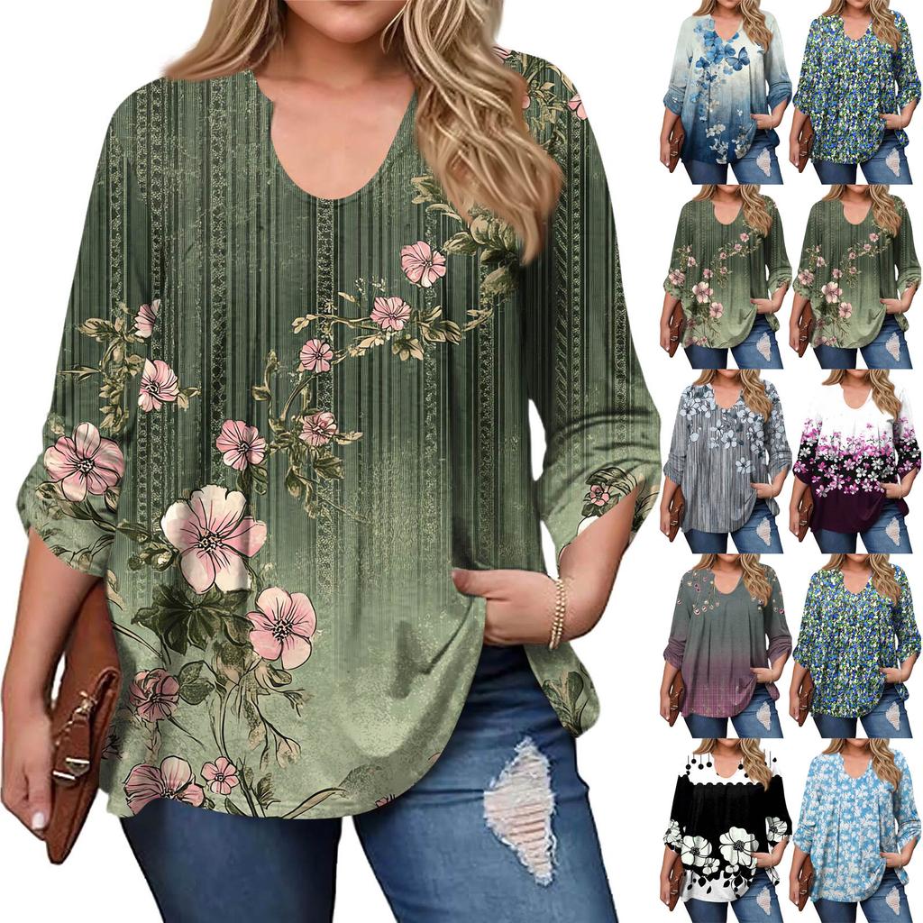 Women's Plus Size Fashion Printed Casual Pleated Round Neck Long Sleeve Top