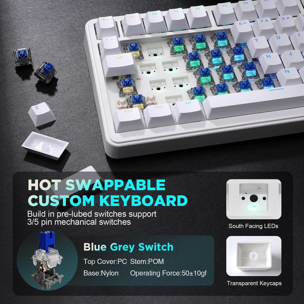 YUNZII B75 Wired Mechanical Keyboard Hot Swap Gasket RGB Backlight Heavy Duty English Layout PBT Keycap Cherry Profile for RGB Blue Gray Tactile 75%
