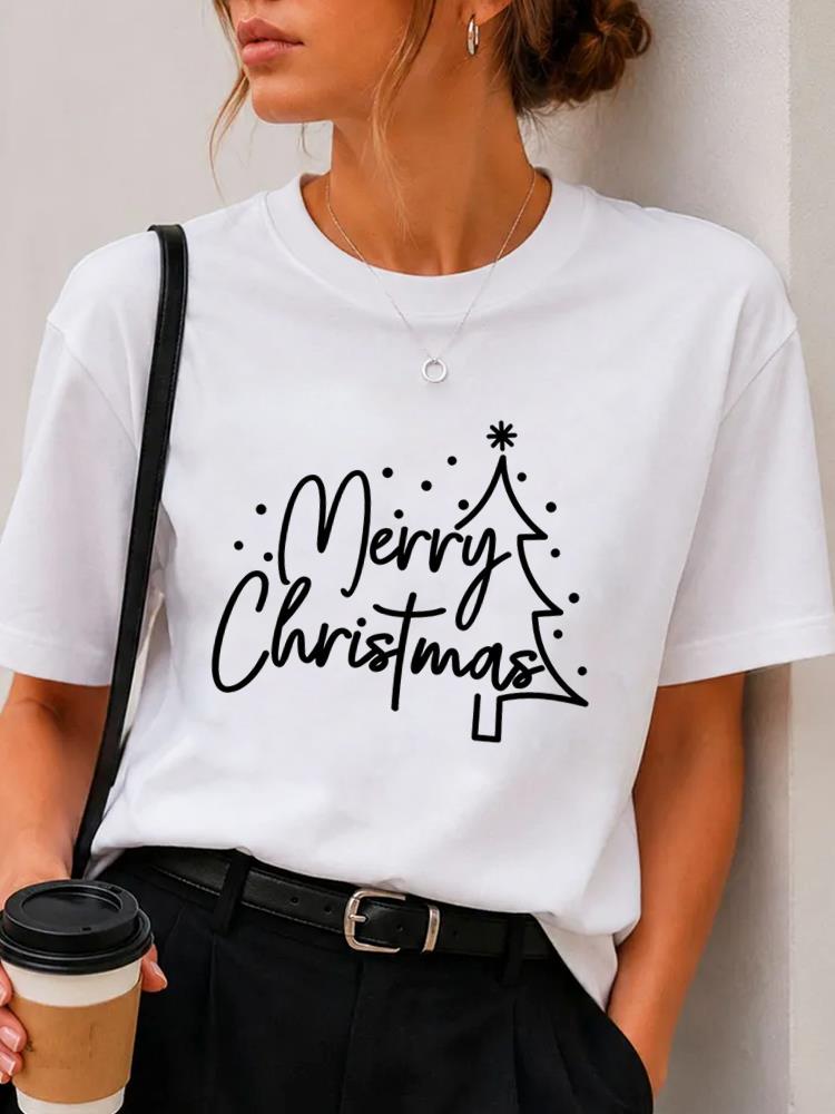 (Asian Size) plaid letter Merry Christmas Fashion Short Sleeve T-shirts Women's Top O-neck T Shirt Print Casual New Year Clothing Graphic Tee