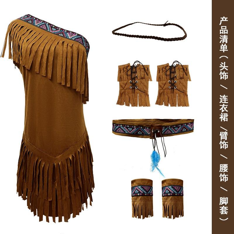 Womens Tribal Native American Costume Dress With Headpiece Arm Cuffs Waist Belt Leg Warmers Halloween Festival Cosplay